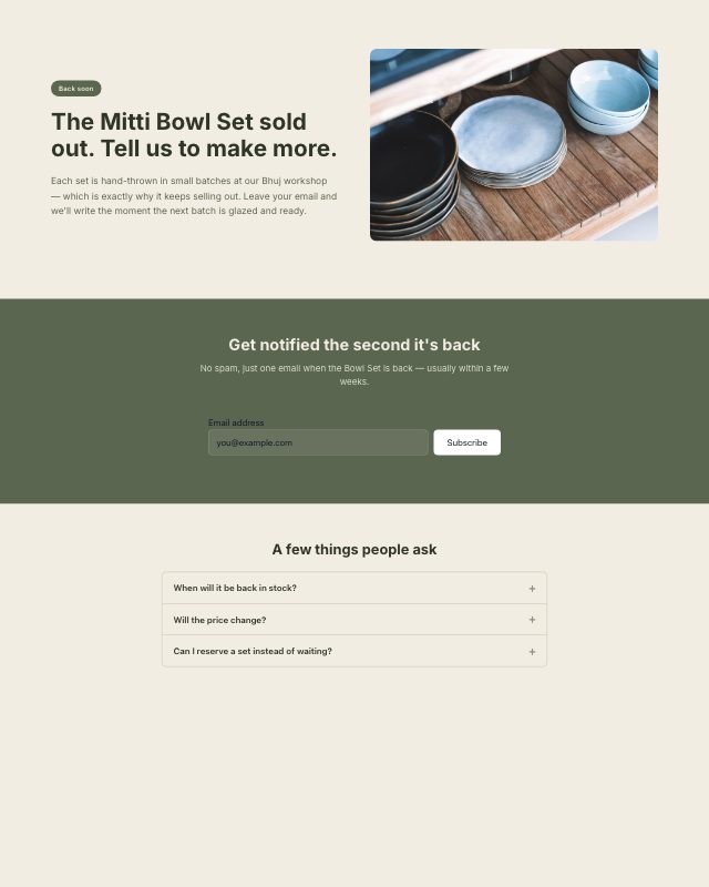 Back in Stock Notify landing page template — preview