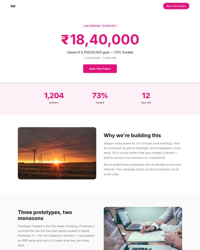 Crowdfunding Campaign landing page template — preview