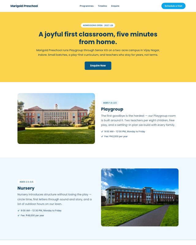Preschool Admissions landing page template — preview