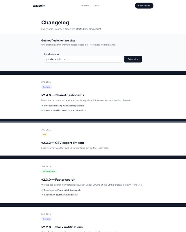 Product Changelog landing page template — preview