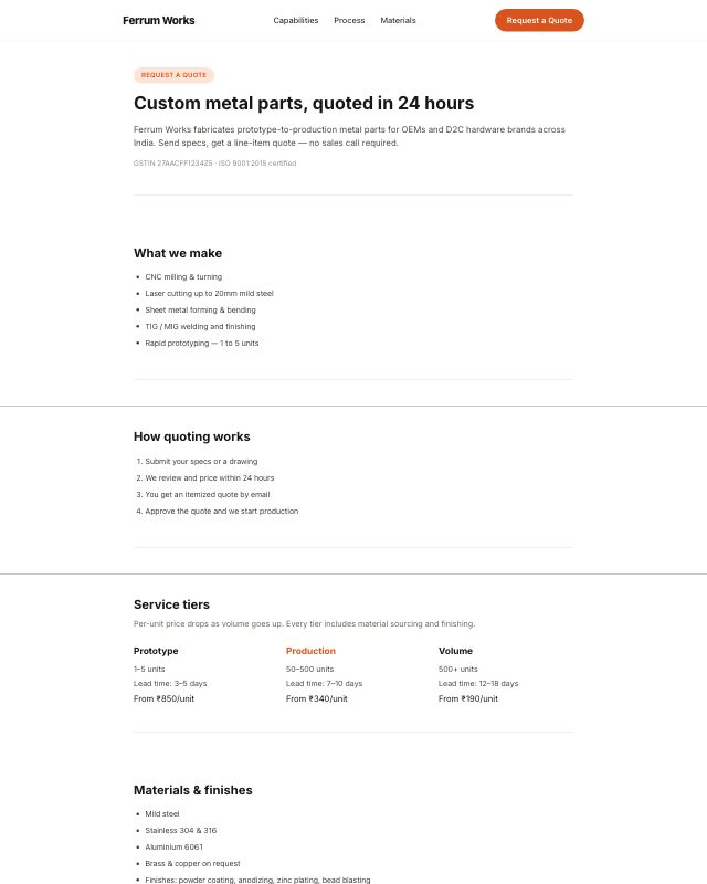 Request a Quote landing page template — preview