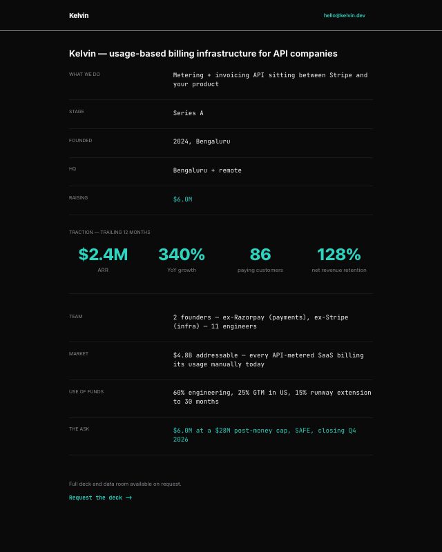 Startup Investor One-Pager landing page template — preview