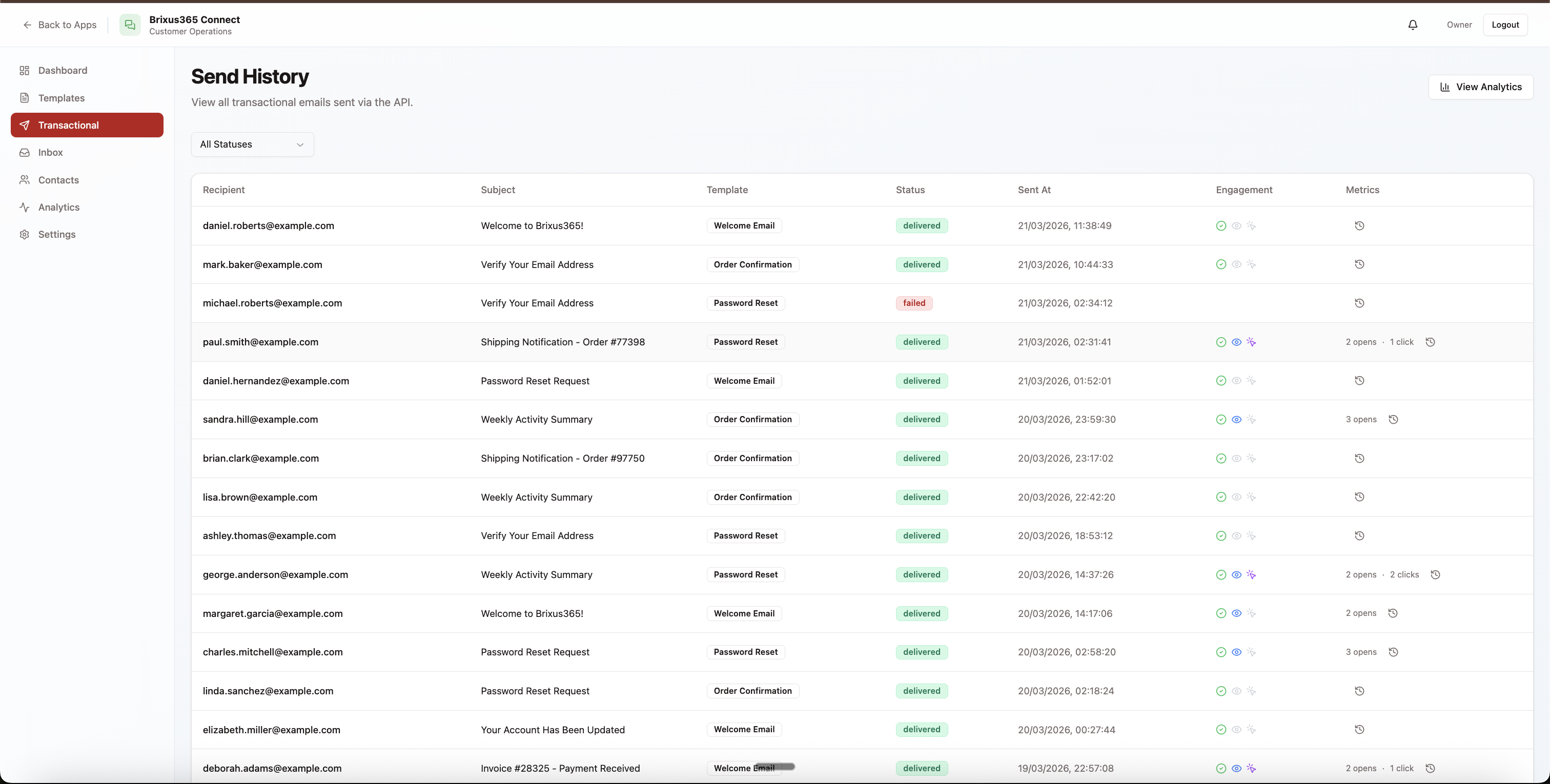 Brixus365 Connect Send History page showing a list of transactional emails with recipient, subject, template, delivery status, and engagement metrics