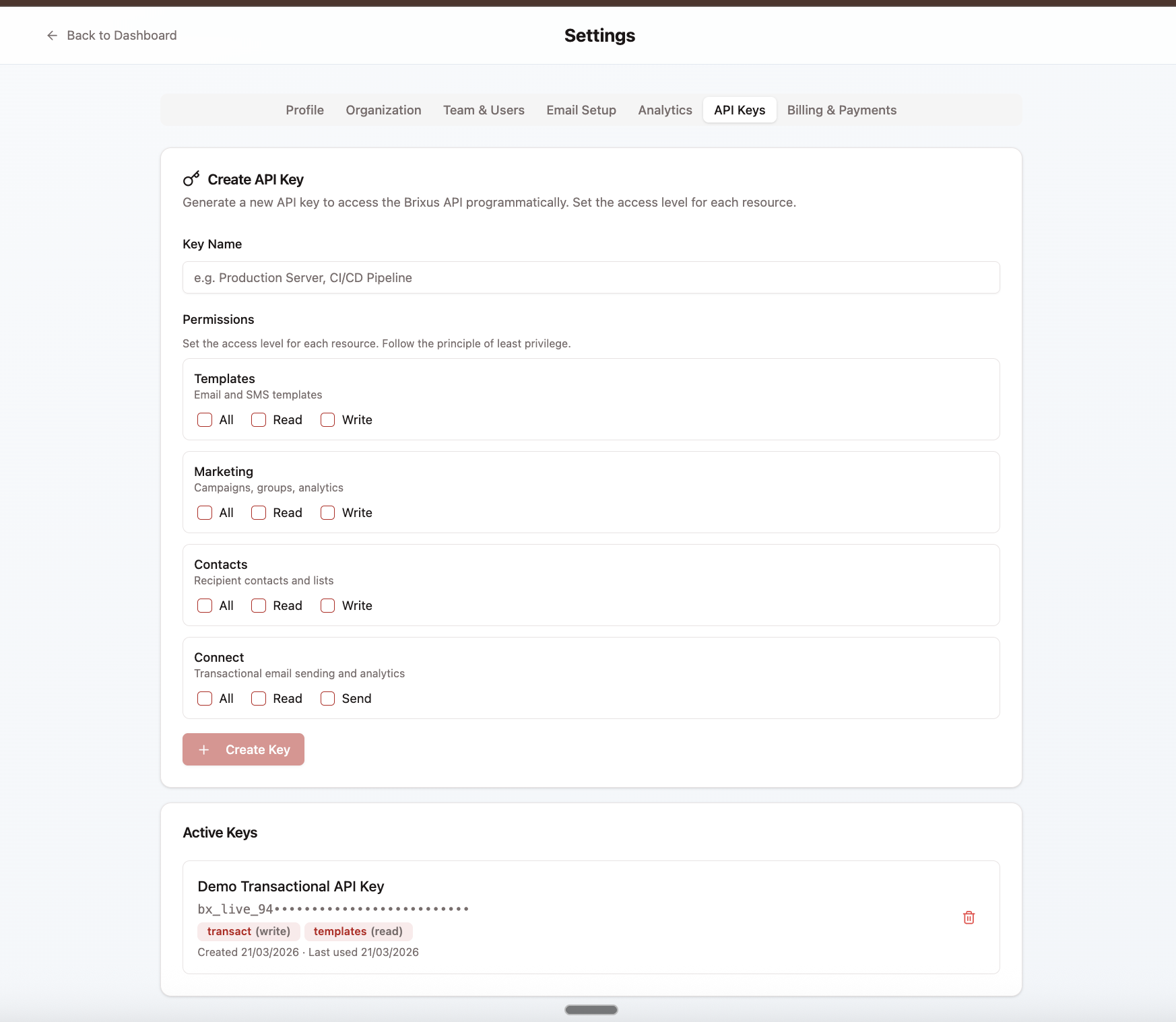 Brixus365 API Keys settings page showing the Create API Key form with per-resource scoped permissions for Templates, Marketing, Contacts, and Connect