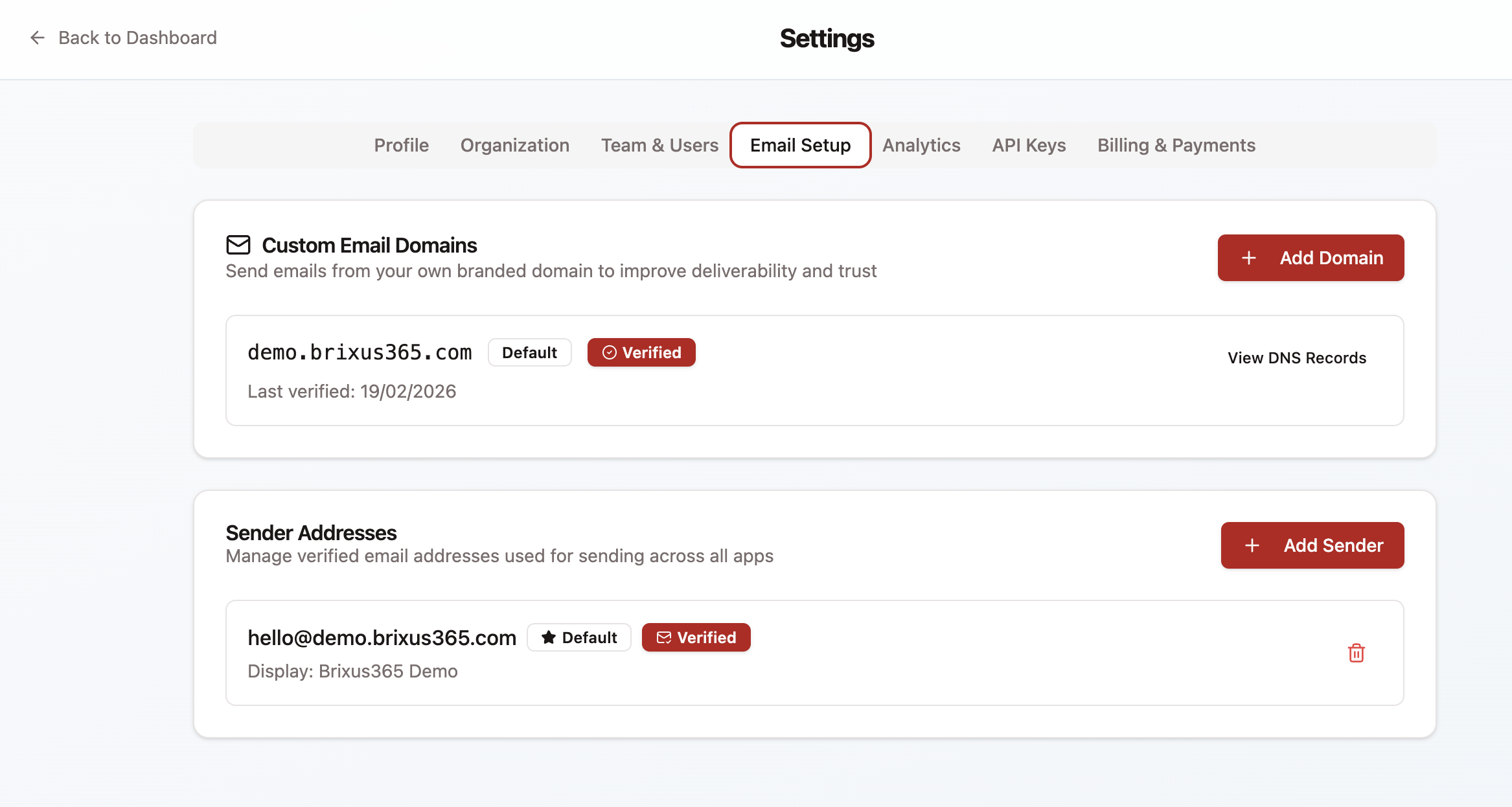 Brixus365 Email Setup settings page showing a verified custom domain and a verified sender address