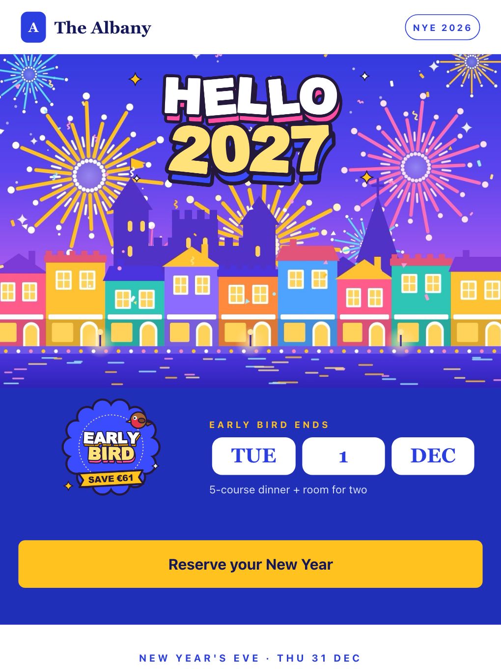 New Year's Eve Gala Dinner + Room — Boutique Hotel — email template preview