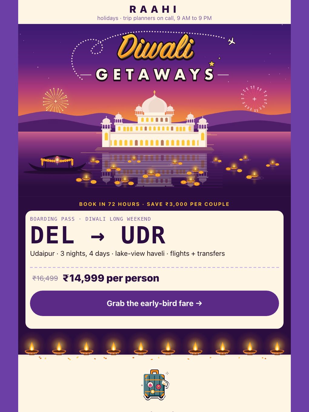 Diwali Getaways Early-Bird — Travel Agency — email template preview