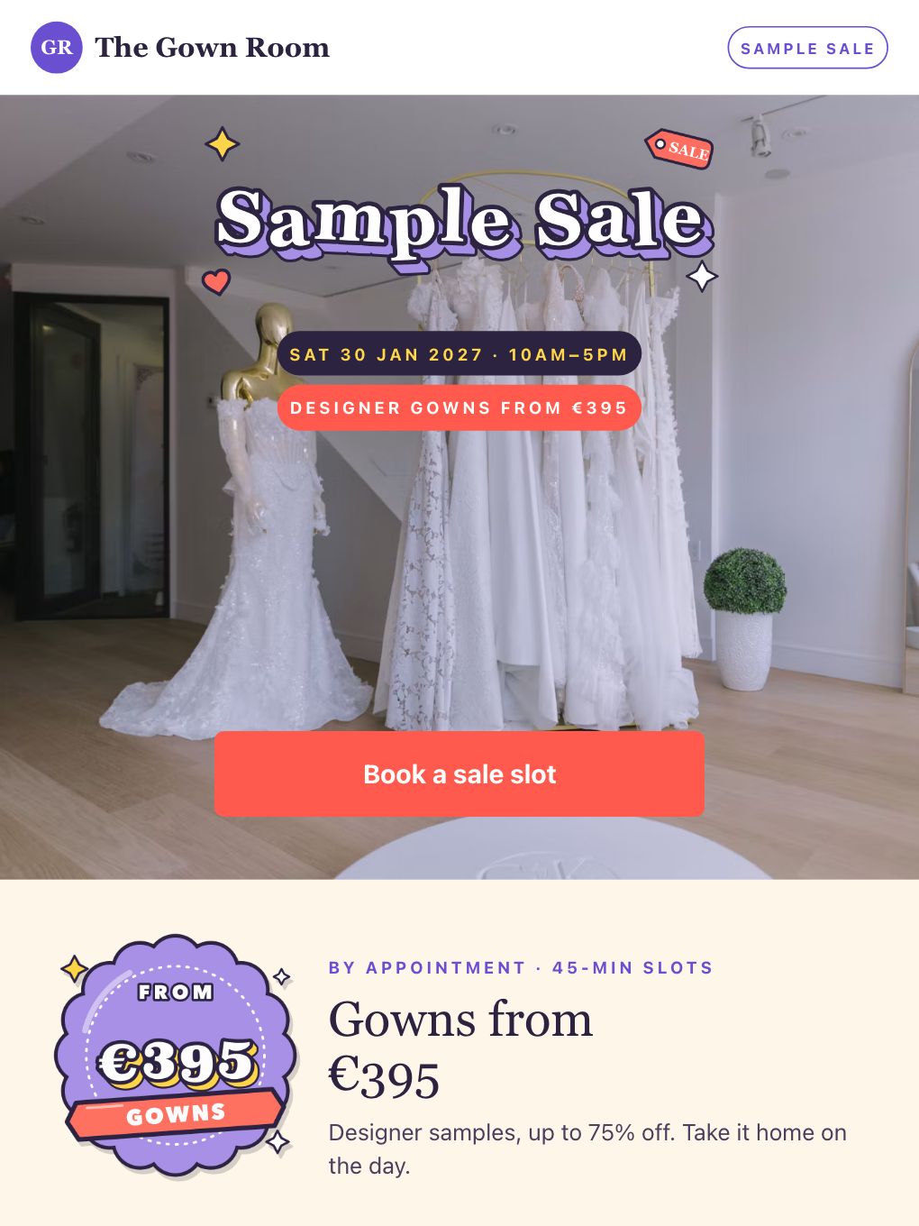 Designer Gown Sample Sale — Bridal Boutique — email template preview